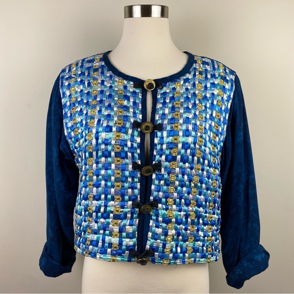 Vintage‎ Nativewear Designs Cropped Blue Boho Basketweave Batik Jacket, Size S